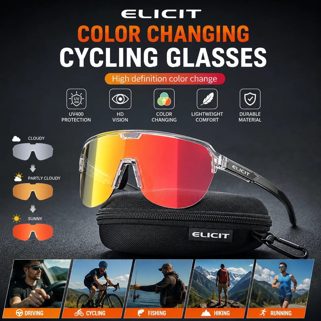ELICIT Photochromic Cycling Glasses Cycling Sunglasses UV400 Runnning Sunglasses Eyepieces Bicycle EyewV400 Protection Day Night
ELICIT Photochromic Cycling Glasses Cycling Sunglasses UV400 Runnning Sunglasses Eyepieces Bicycle EyewV400 Protection Day Night