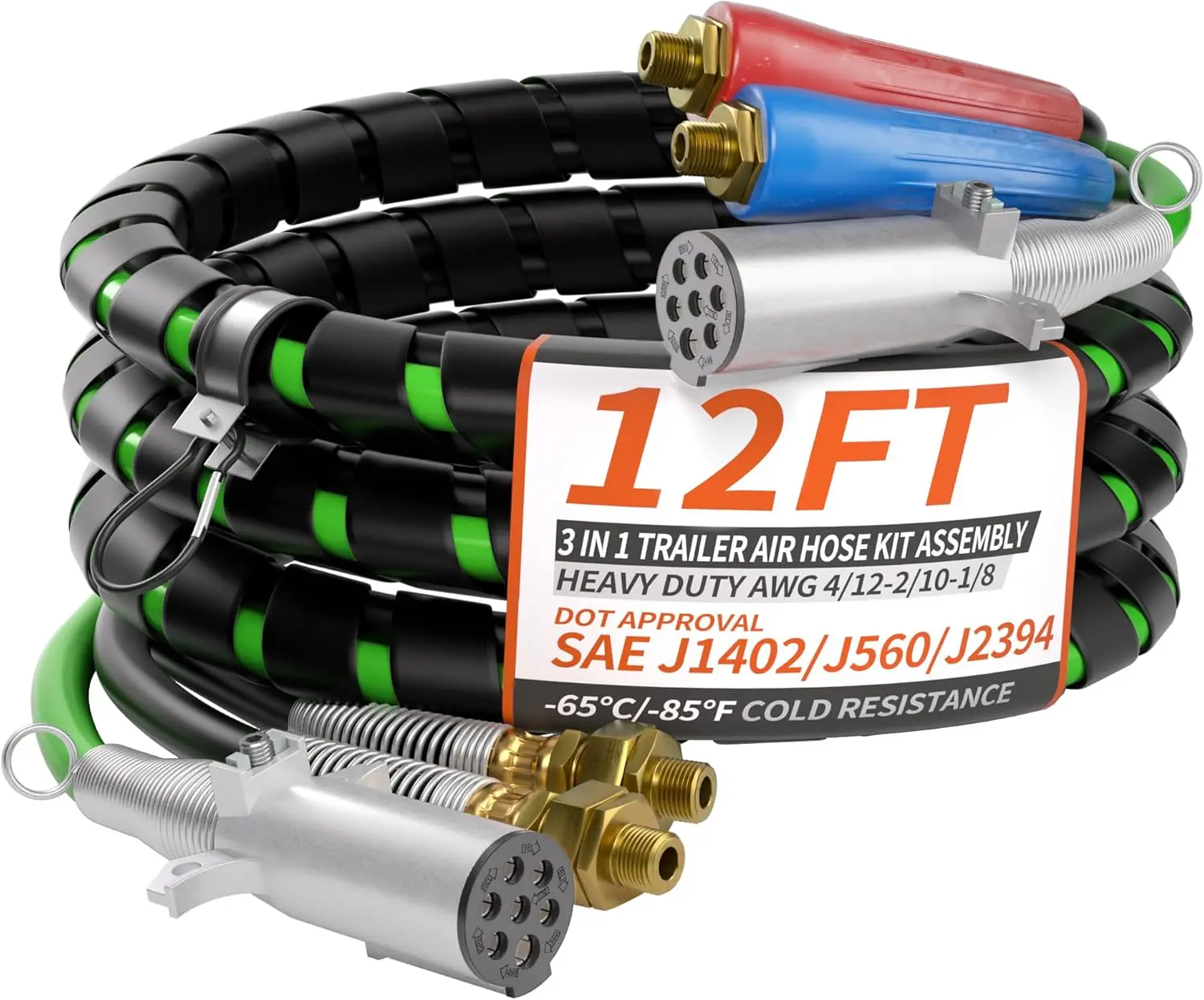 12FT 3-in-1 Trailer Air Line Hose Kit with 7-Way ABS Electrical Cable and Wrap for Semi Trucks, Trailers, Tractors
12FT 3-in-1 Trailer Air Line Hose Kit with 7-Way ABS Electrical Cable and Wrap for Semi Trucks, Trailers, Tractors