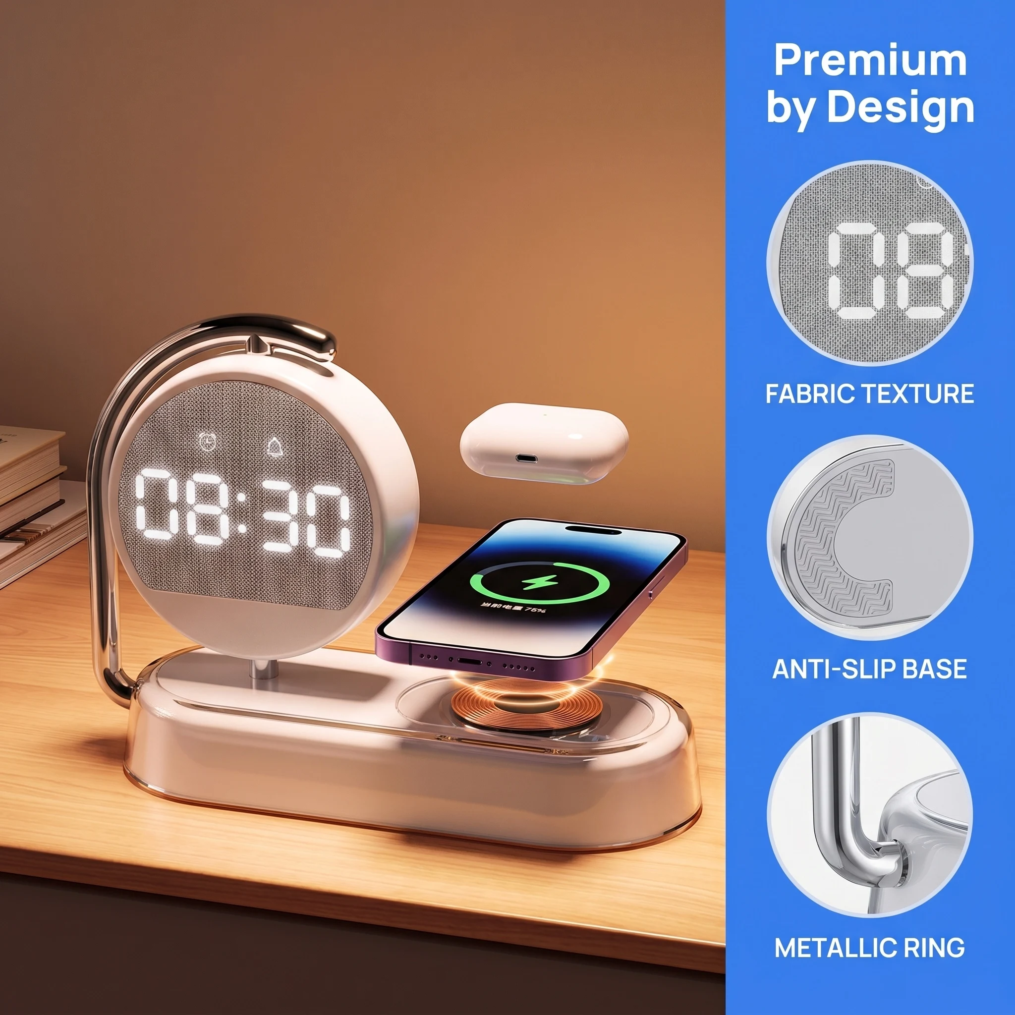 4-in-1 15W Wireless Charger Bedside Lamp with Dimmable Night Light & Alarm Clock
4-in-1 15W Wireless Charger Bedside Lamp with Dimmable Night Light & Alarm Clock
