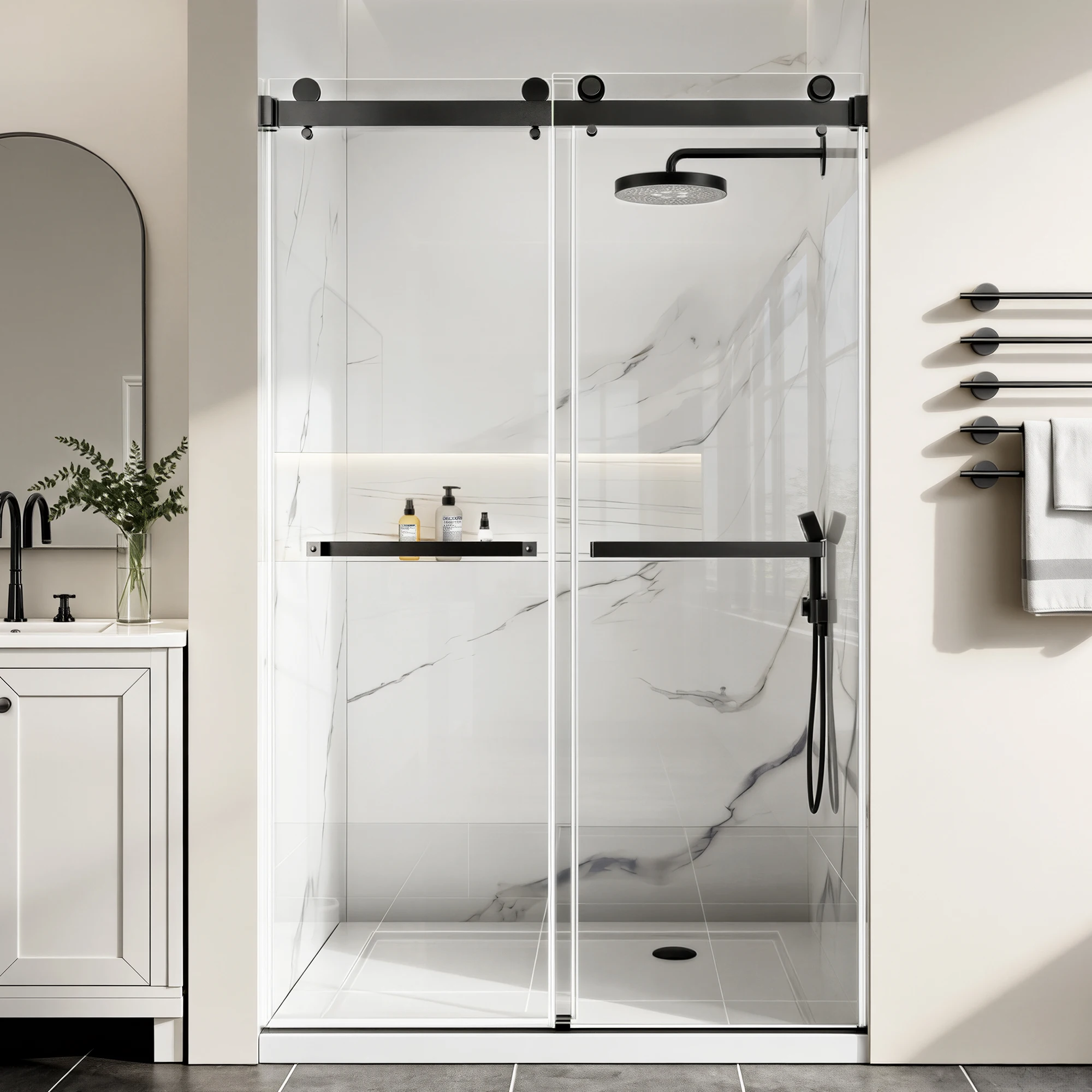 44-48" W x 76" H Matte Black Top Mount Double Bypass Sliding Shower Door, 5/16"(8mm) ANSI SGCC Clear Tempered Glass with Explosion-Proof Safety Film, Soft Close Anti-Collision Hardware & Dual-Layer Waterproof Bottom Threshold
44-48" W x 76" H Matte Black Top Mount Double Bypass Sliding Shower Door, 5/16"(8mm) ANSI SGCC Clear Tempered Glass with Explosion-Proof Safety Film, Soft Close Anti-Collision Hardware & Dual-Layer Waterproof Bottom Threshold