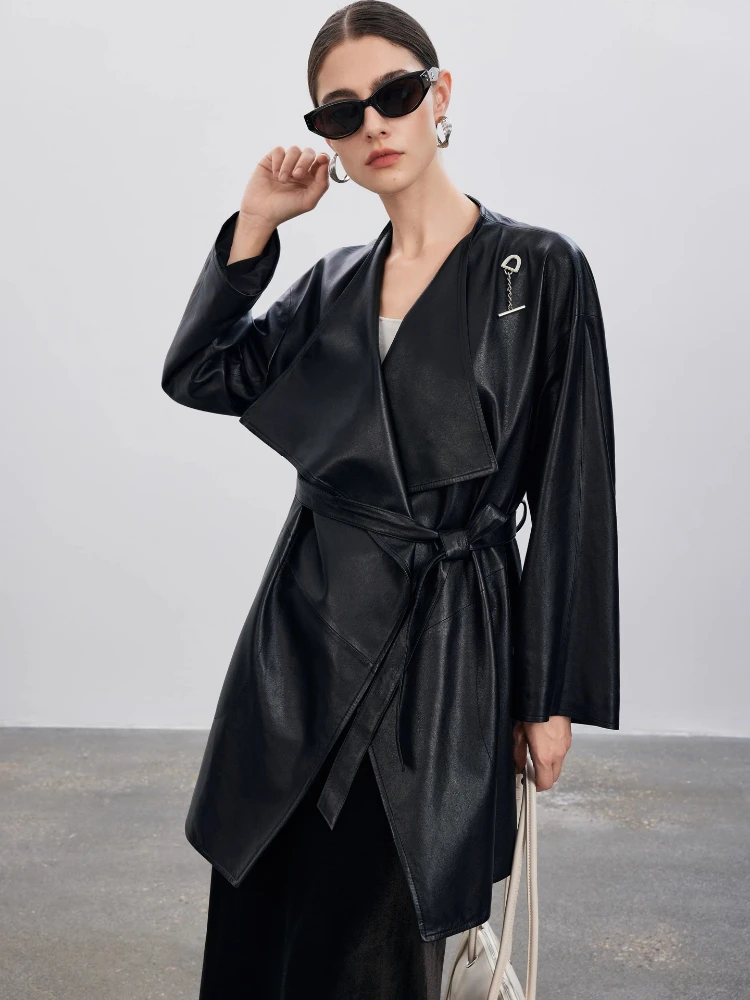 Mid-length Genuine Leather Windbreaker Jackets for Women Spring Autumn High-end Simple Soft Black Real Sheepskin Coat with Belt
Mid-length Genuine Leather Windbreaker Jackets for Women Spring Autumn High-end Simple Soft Black Real Sheepskin Coat with Belt