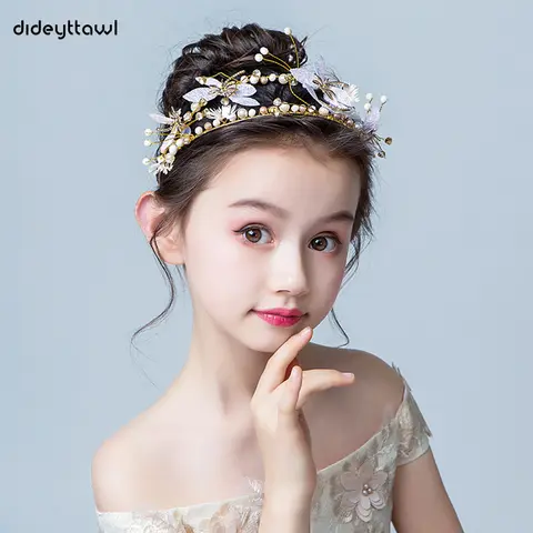 Dideyttawl – couvre-chef à fleurs en métal doré pour filles, diadème de princesse pour mariage, fête d'anniversaire, accessoires pour cheveux en strass