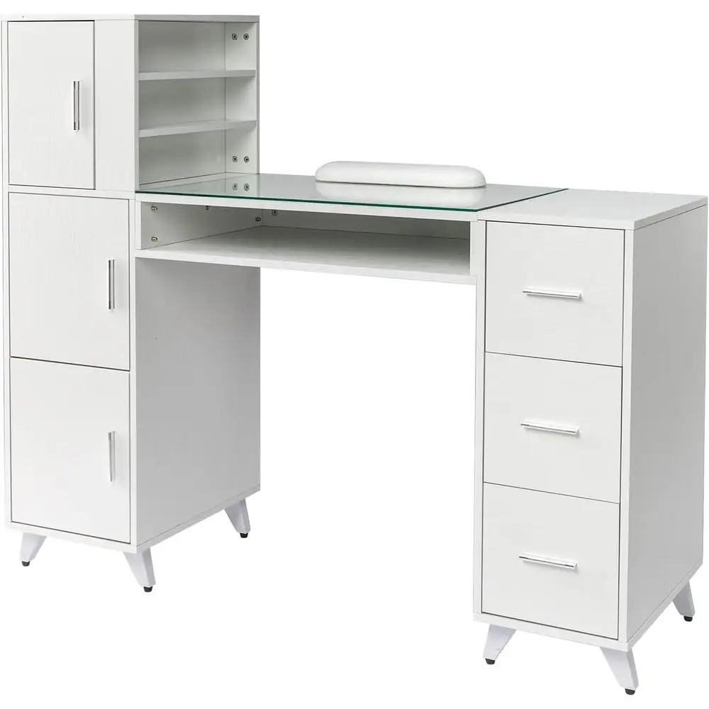 Glass Top Manicure Desk with Wrist Rest, 3-Drawer Storage, 3-Layer Open Cabinet, Acrylic Resistant Workstation
Glass Top Manicure Desk with Wrist Rest, 3-Drawer Storage, 3-Layer Open Cabinet, Acrylic Resistant Workstation