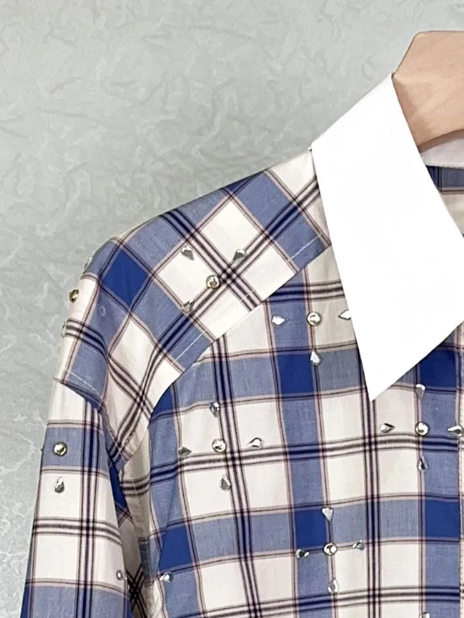 Women Contrast Color Plaid Blouse Hot Rhinestone Turn-down Collar Single Breasted Long Sleeve Loose Autumn 2024 Shirt
Women Contrast Color Plaid Blouse Hot Rhinestone Turn-down Collar Single Breasted Long Sleeve Loose Autumn 2024 Shirt