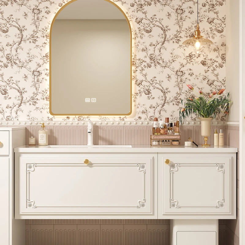 Seamless ceramic integrated basin French wind rubber wood paint hanging bathroom cabinet
Seamless ceramic integrated basin French wind rubber wood paint hanging bathroom cabinet