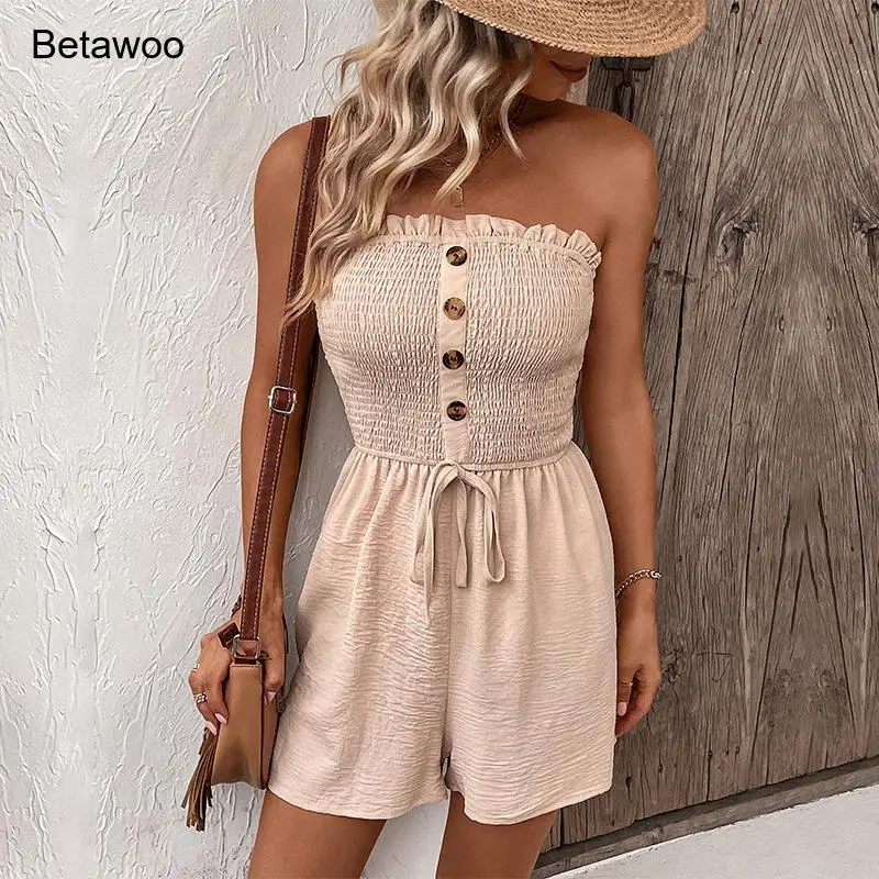 Women Solid Color Strapless Shirred Bodice Button Decor Drawstring Waist Summer Romper
Women Solid Color Strapless Shirred Bodice Button Decor Drawstring Waist Summer Romper