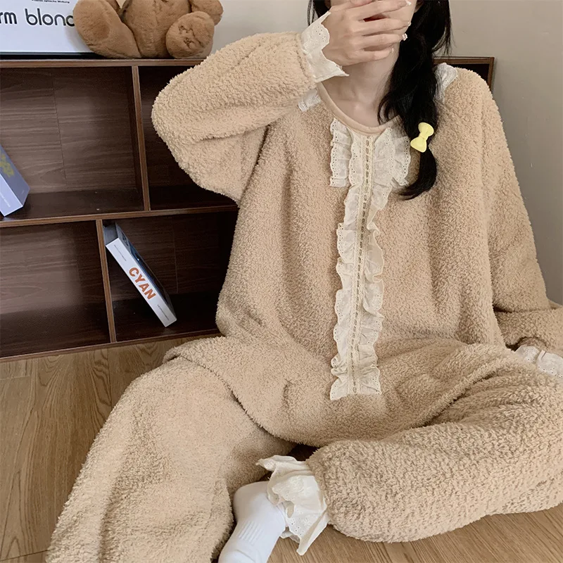 L-2XL Winter Warm Pajamas Set Women Korean Ruffle Homewear Coral Fleece Long Sleeve Tops and Trouses Two Pieces Sets Loungewear
L-2XL Winter Warm Pajamas Set Women Korean Ruffle Homewear Coral Fleece Long Sleeve Tops and Trouses Two Pieces Sets Loungewear