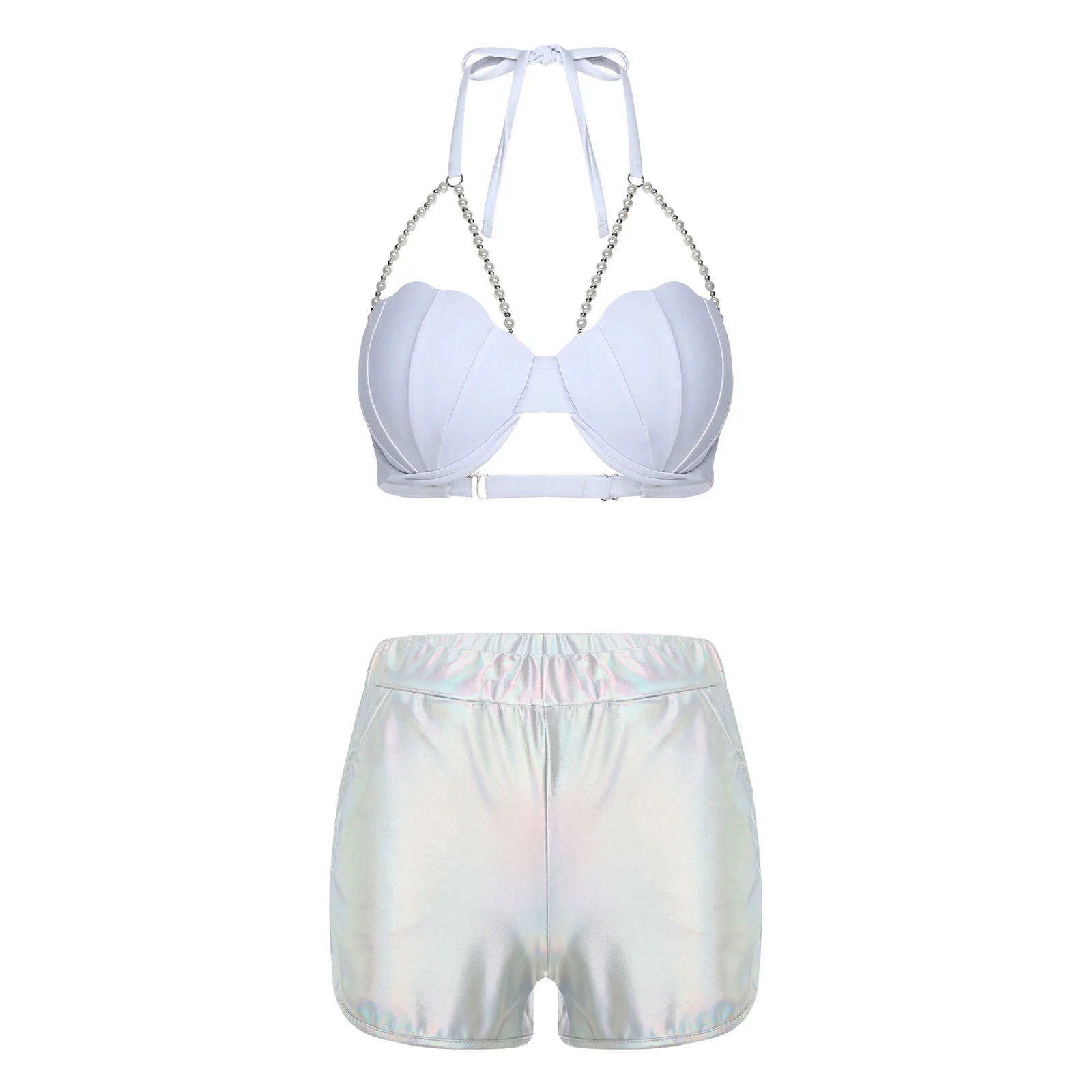 Womens Metallic Shiny Swimwear Swimsuits Halter Neck Shell Shaped Bikini Bra Top with Booty Shorts for Summer Fitness Pool Dance
Womens Metallic Shiny Swimwear Swimsuits Halter Neck Shell Shaped Bikini Bra Top with Booty Shorts for Summer Fitness Pool Dance