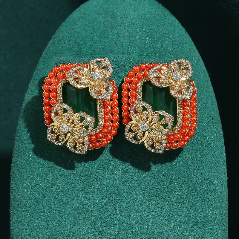 Vintage Square Green Glasss Red Rhinestone Flower Stud Earrings For Woman Antique Natural Stone Trendy Art Deco Jewelry Gift
Vintage Square Green Glasss Red Rhinestone Flower Stud Earrings For Woman Antique Natural Stone Trendy Art Deco Jewelry Gift