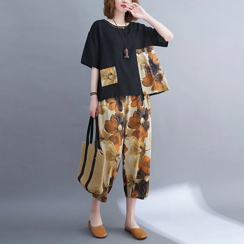 Summer New Women's 2 Pieces Sets Casual Round Neck Printed Short Sleeve Splicing Pocket Slim Top and Loose Wide Leg Pants Suit
Summer New Women's 2 Pieces Sets Casual Round Neck Printed Short Sleeve Splicing Pocket Slim Top and Loose Wide Leg Pants Suit