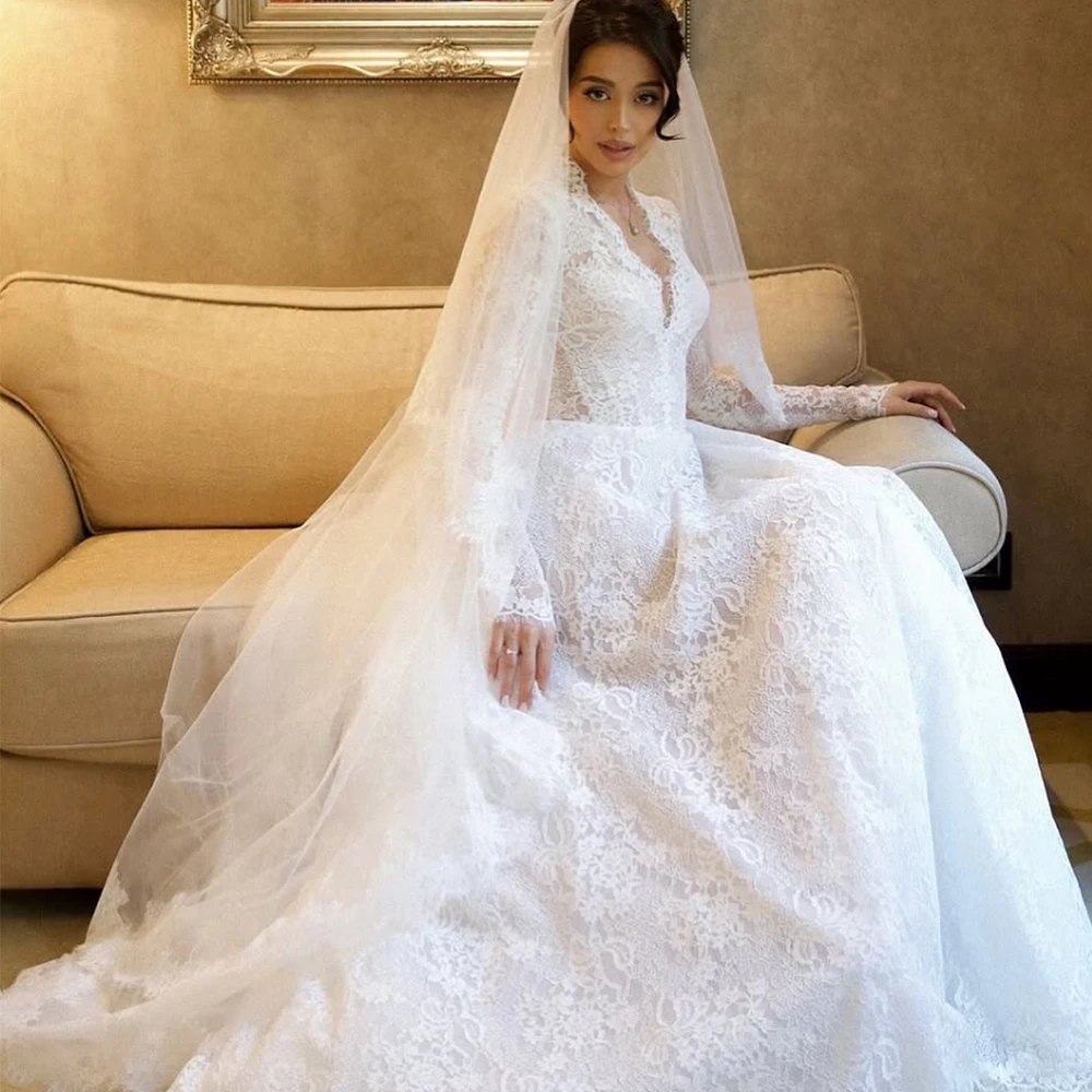 Graceful Customized Long Sleeves A-Line Bridal Gowns High Quality Appliques Lace Vestido De Novia Dreamy V-neck Wedding Dress
Graceful Customized Long Sleeves A-Line Bridal Gowns High Quality Appliques Lace Vestido De Novia Dreamy V-neck Wedding Dress