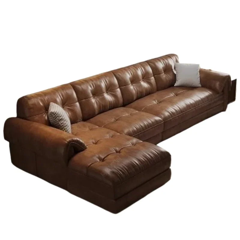 French retro leather sofa first layer cowhide Italian minimalist straight row small apartment elephant ear sofa
French retro leather sofa first layer cowhide Italian minimalist straight row small apartment elephant ear sofa