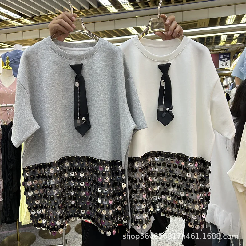 Luxury Spring Summer Women's Sequined Tie Decor T-shirt Loose Beaded Tees Short Sleeve Shining Casual O-Neck Jumpers Crop Tops
Luxury Spring Summer Women's Sequined Tie Decor T-shirt Loose Beaded Tees Short Sleeve Shining Casual O-Neck Jumpers Crop Tops