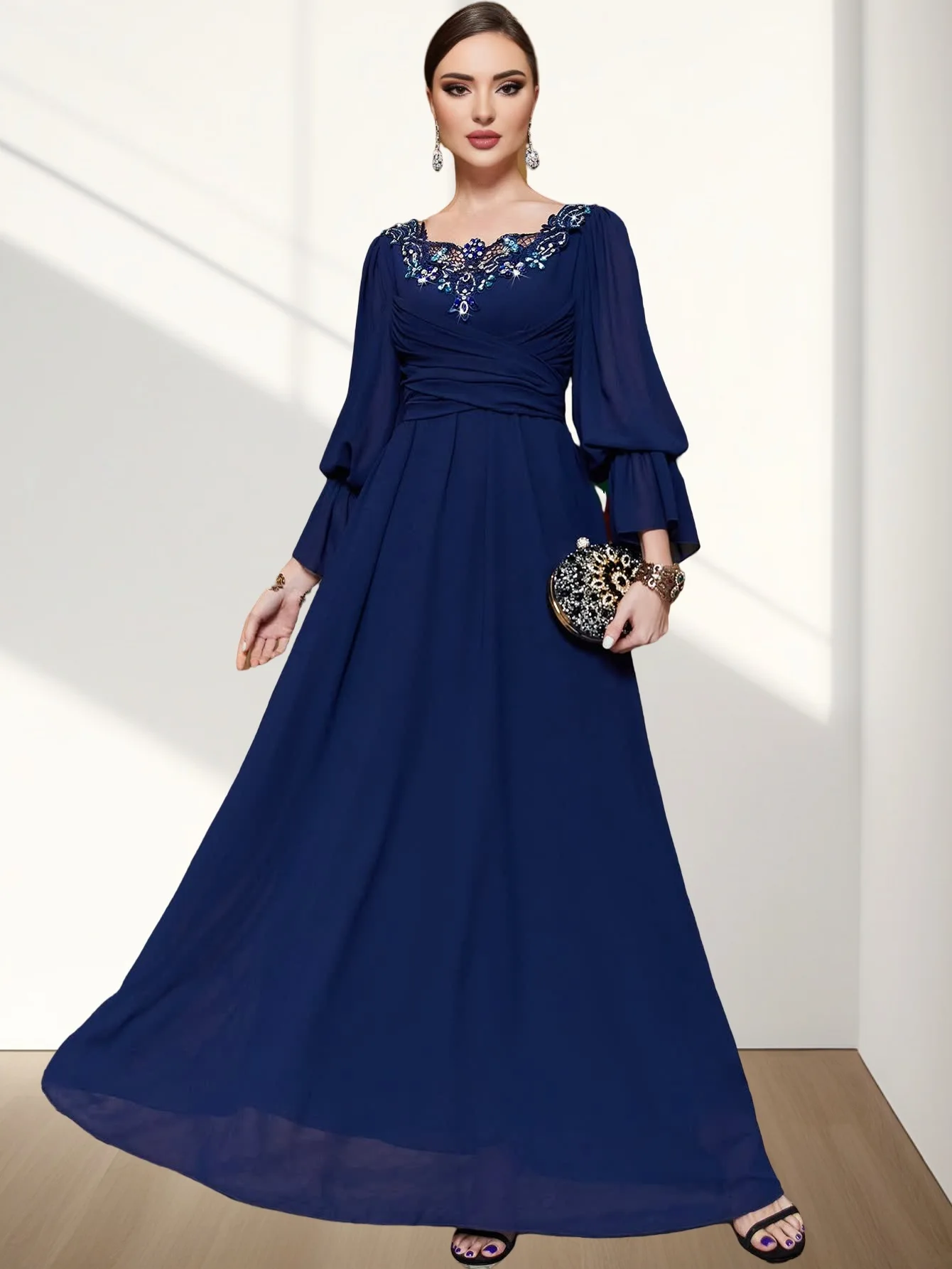 Ramadan Islamic Tibetan Blue Chiffon Spliced Lace Collar Evening Dress Middle Eastern Arab Handmade Diamond Elegant Long Dress
Ramadan Islamic Tibetan Blue Chiffon Spliced Lace Collar Evening Dress Middle Eastern Arab Handmade Diamond Elegant Long Dress