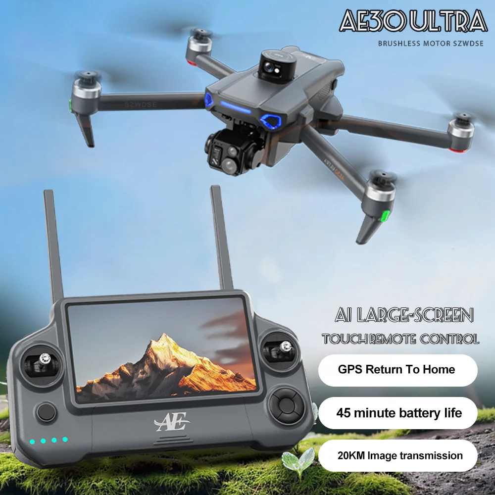 AE30 Ultra Профессиональный Дрон с камерой 8K, 3-осевой подвес, предотвращение препятствий, сенсорный экран, FPV-дроны, бесщеточный радиоуправляемый квадрокоптер 
AE30 Ultra Профессиональный Дрон с камерой 8K, 3-осевой подвес, предотвращение препятствий, сенсорный экран, FPV-дроны, бесщеточный радиоуправляемый квадрокоптер