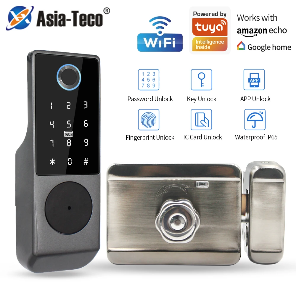 Waterproof support tuya app Smart Double Side Fingerprint Lock Keyless Entry Motor Rim Door Lock 2.4G Wifi Remote Control