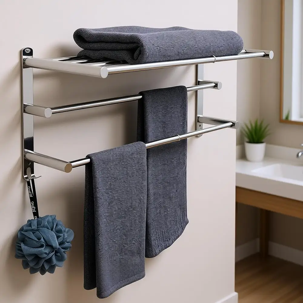 Регулируемая вешалка для полотенец из нержавеющей стали (19,7-31,5 дюймов) с 3-ярусной полкой, прочным клеевым креплением, без сверления, для ванной и кухни
Регулируемая вешалка для полотенец из нержавеющей стали (19,7-31,5 дюймов) с 3-ярусной полкой, прочным клеевым креплением, без сверления, для ванной и кухни