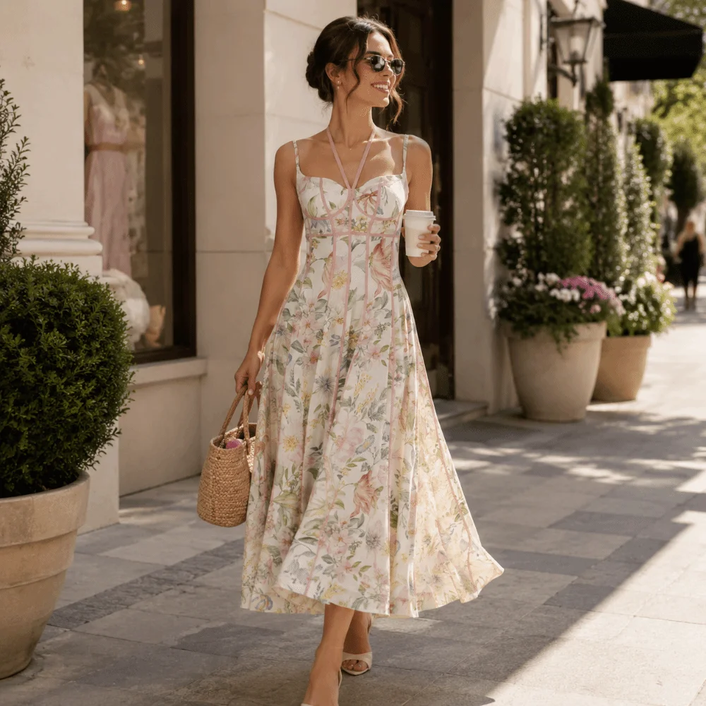 Female Flower Floral Printed Dress Waist-cinching Sleeveless Lady Halter Dress Sweet Summer Spaghetti Strap Dress Clothes
Female Flower Floral Printed Dress Waist-cinching Sleeveless Lady Halter Dress Sweet Summer Spaghetti Strap Dress Clothes