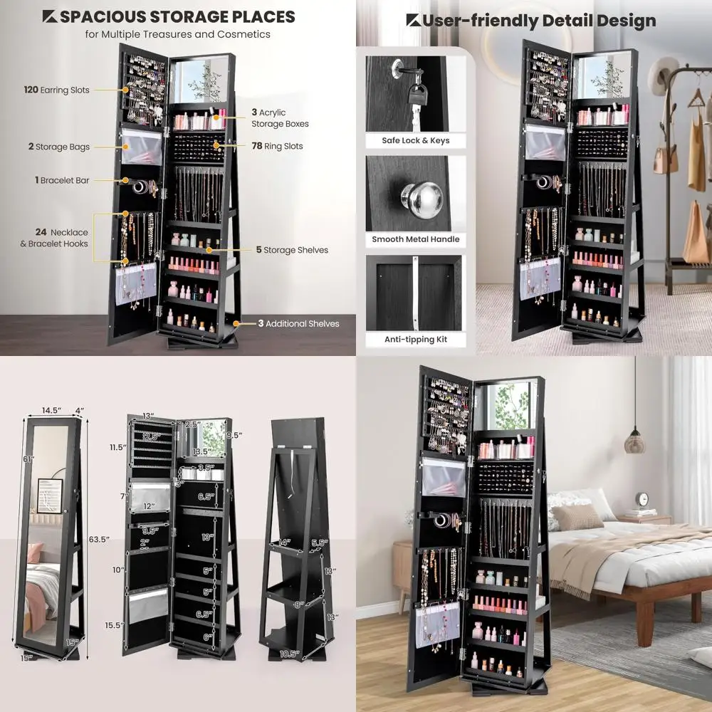 Large Lockable Swivel Jewelry Armoire with Full-Length Mirror, Black, Ample Storage and Makeup Mirror
Large Lockable Swivel Jewelry Armoire with Full-Length Mirror, Black, Ample Storage and Makeup Mirror