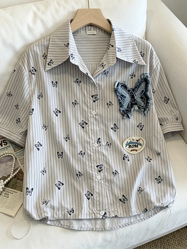 Elegant Print Short Sleeve Shirt Women's plus Size Loose Fit Drawstring Waist Summer Casual Top Korean Style
Elegant Print Short Sleeve Shirt Women's plus Size Loose Fit Drawstring Waist Summer Casual Top Korean Style