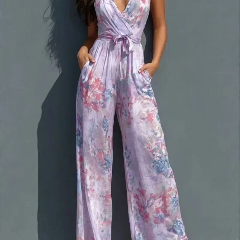 Women Sexy Print V Neck Sleeveless Jumpsuit Summer Casual High Waist Wide Leg Romper With Pockets Holiday party style jumpsuit
Women Sexy Print V Neck Sleeveless Jumpsuit Summer Casual High Waist Wide Leg Romper With Pockets Holiday party style jumpsuit