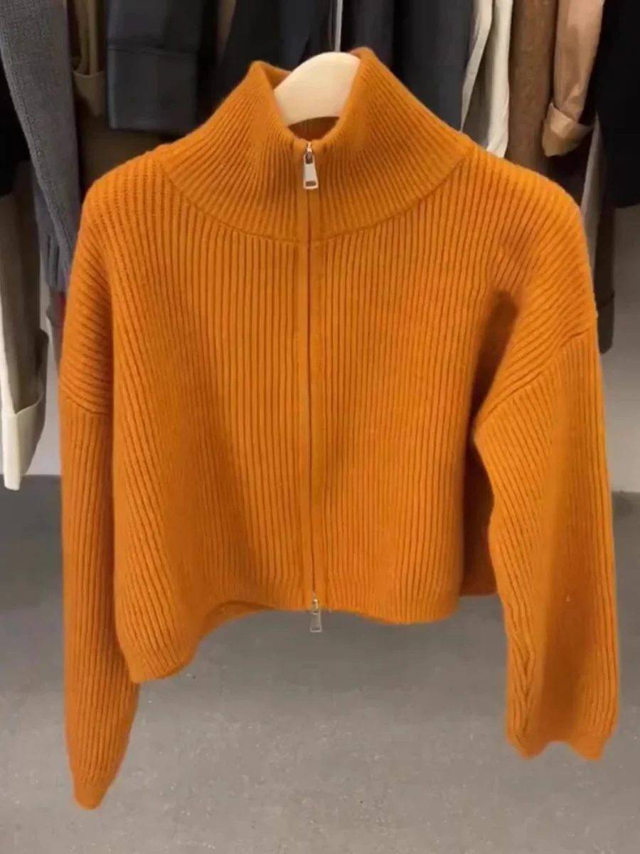 High Collar Zipper Knitted Short Cardigan Women's Outerwear Autumn Winter Soft Lazy Orange Sweater Jacket Korean Style Commute
High Collar Zipper Knitted Short Cardigan Women's Outerwear Autumn Winter Soft Lazy Orange Sweater Jacket Korean Style Commute
