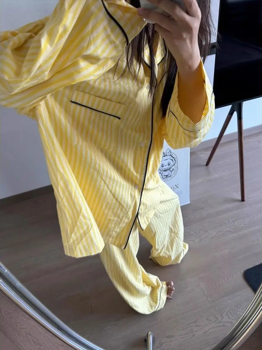 Casual Yellow Striped Cloud Cotton Sleepwear Long Sleeve Long Pants Lazy Style Home Clothes Set Spring Autumn New Arrival
Casual Yellow Striped Cloud Cotton Sleepwear Long Sleeve Long Pants Lazy Style Home Clothes Set Spring Autumn New Arrival