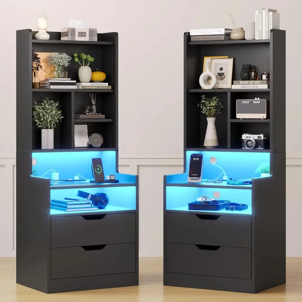 Tall Night Stand with Charging Station and LED Lights,Nightstand with Bookshelf,Bedside Table with Drawers & Power Outlets
Tall Night Stand with Charging Station and LED Lights,Nightstand with Bookshelf,Bedside Table with Drawers & Power Outlets