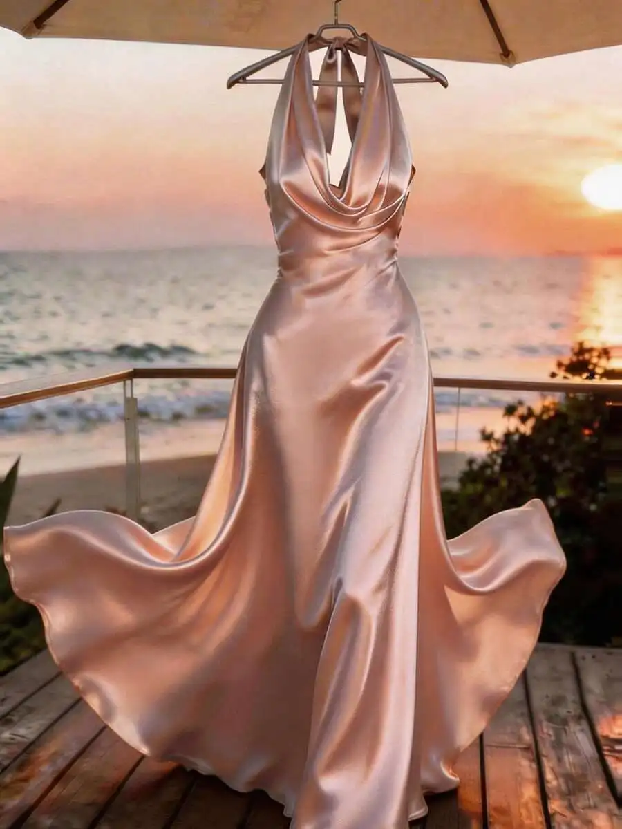 Elegant Satin Draped Neck Apricot Dress For Women Sleeveless Flowing Party Gown
Elegant Satin Draped Neck Apricot Dress For Women Sleeveless Flowing Party Gown