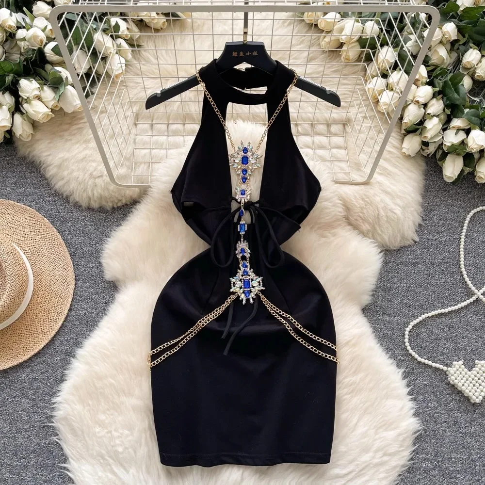 Sexy Rhinestone Chain Halter Hollow Out Hotsweet Sleeveless Chic Straps Slim French Party Women High Street Slip Short Dresses
Sexy Rhinestone Chain Halter Hollow Out Hotsweet Sleeveless Chic Straps Slim French Party Women High Street Slip Short Dresses
