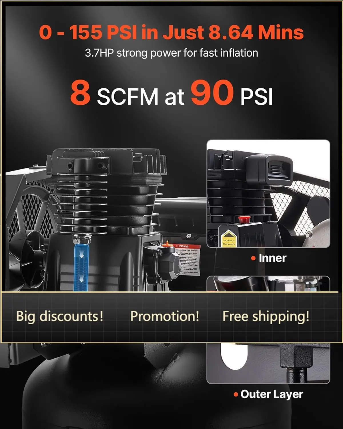 60 Gallons Heavy-Duty Air Compressor, 3.7HP 8 SCFM at 90PSI Air Compressors Max 155PSI Pressure, Oil-Lubricated Compressor Tank
60 Gallons Heavy-Duty Air Compressor, 3.7HP 8 SCFM at 90PSI Air Compressors Max 155PSI Pressure, Oil-Lubricated Compressor Tank
