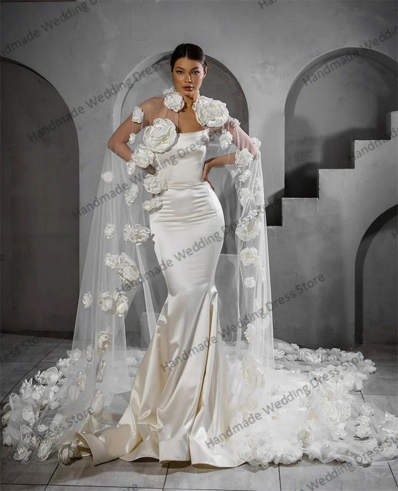 Sexy Satin Wedding Dress With Veil 3D Flower Strapless Sleeveless Ruffles Mermaid Bridal Gown Customized Beach Garden Long Robe
Sexy Satin Wedding Dress With Veil 3D Flower Strapless Sleeveless Ruffles Mermaid Bridal Gown Customized Beach Garden Long Robe