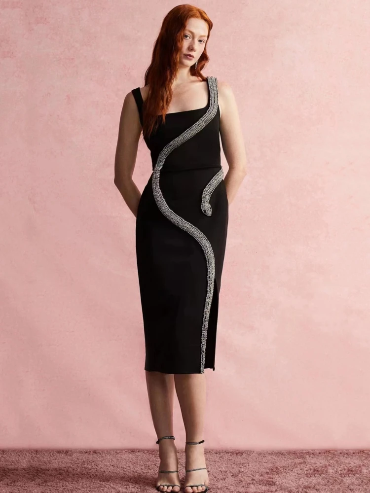 BEVENCCEL Sexy Square Neck Sparkling Diamonds Bandage Dress Women Black Sleeveless Diamond Midi Bodycon Dress Elegant Party
BEVENCCEL Sexy Square Neck Sparkling Diamonds Bandage Dress Women Black Sleeveless Diamond Midi Bodycon Dress Elegant Party