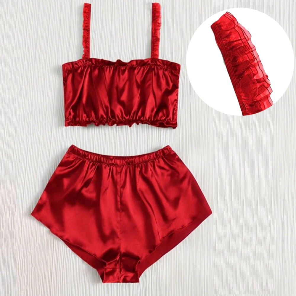 Red Solid 2 Piece Sets Women Pajama Set Sling Ladies Lace Satin Silk Sexy Frilled Underwear Fashion plus Lingerie Sleepwear Bra
Red Solid 2 Piece Sets Women Pajama Set Sling Ladies Lace Satin Silk Sexy Frilled Underwear Fashion plus Lingerie Sleepwear Bra