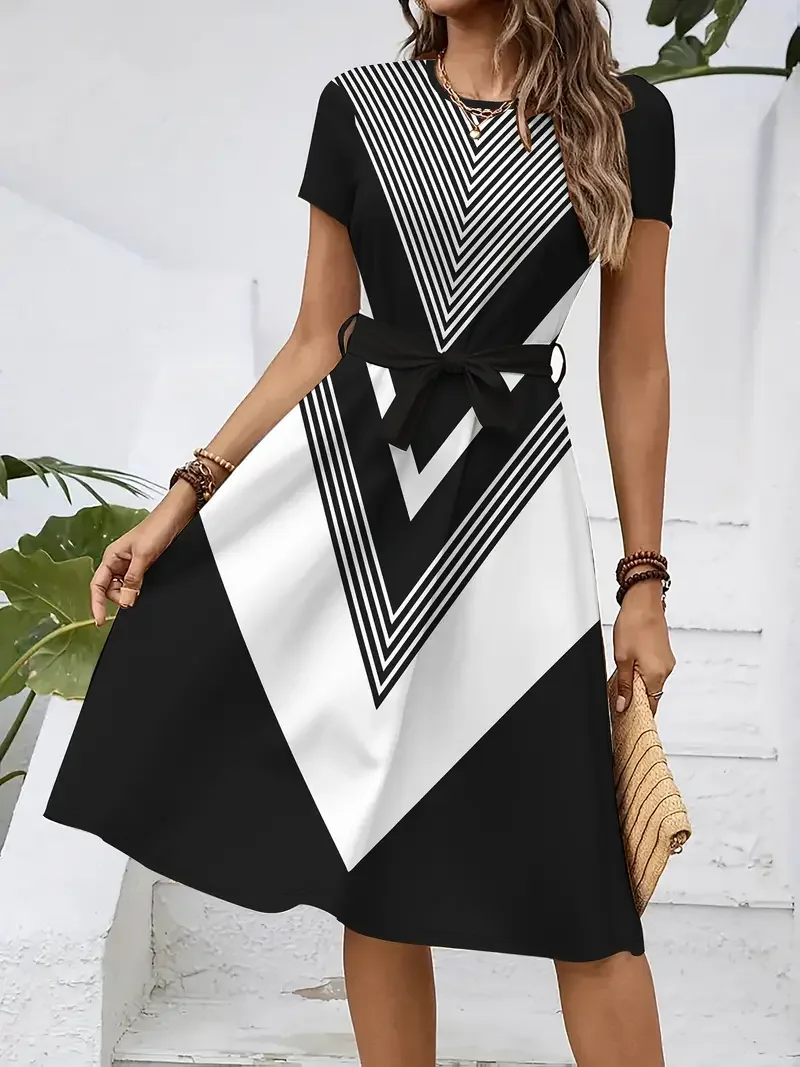 Женское удобное платье больших размеров с круглым вырезом и короткими рукавами с принтом на талии 
Женское удобное платье больших размеров с круглым вырезом и короткими рукавами с принтом на талии