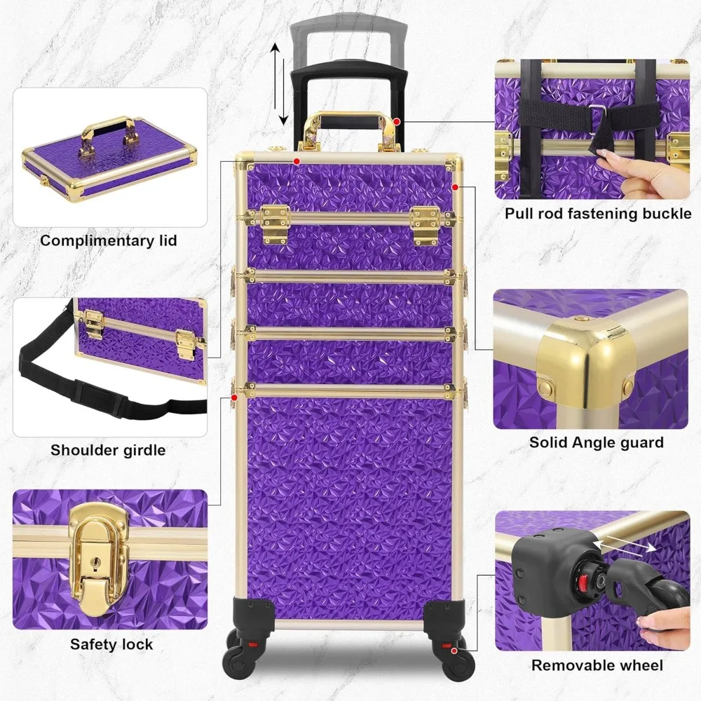 Large Rolling Makeup Train Case with Lid Professional Cosmetic Organizer on Wheels for Salon Barber Purple Gold Christmas
Large Rolling Makeup Train Case with Lid Professional Cosmetic Organizer on Wheels for Salon Barber Purple Gold Christmas