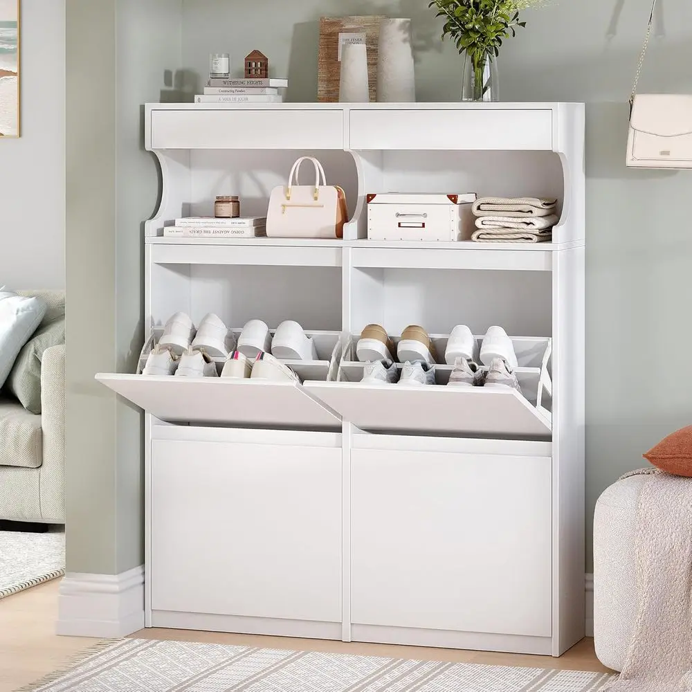 Stylish 4-Tier & 2-Top Door Shoe Cabinet for Entryway Storage, Holds 16-20 Pairs, White
Stylish 4-Tier & 2-Top Door Shoe Cabinet for Entryway Storage, Holds 16-20 Pairs, White