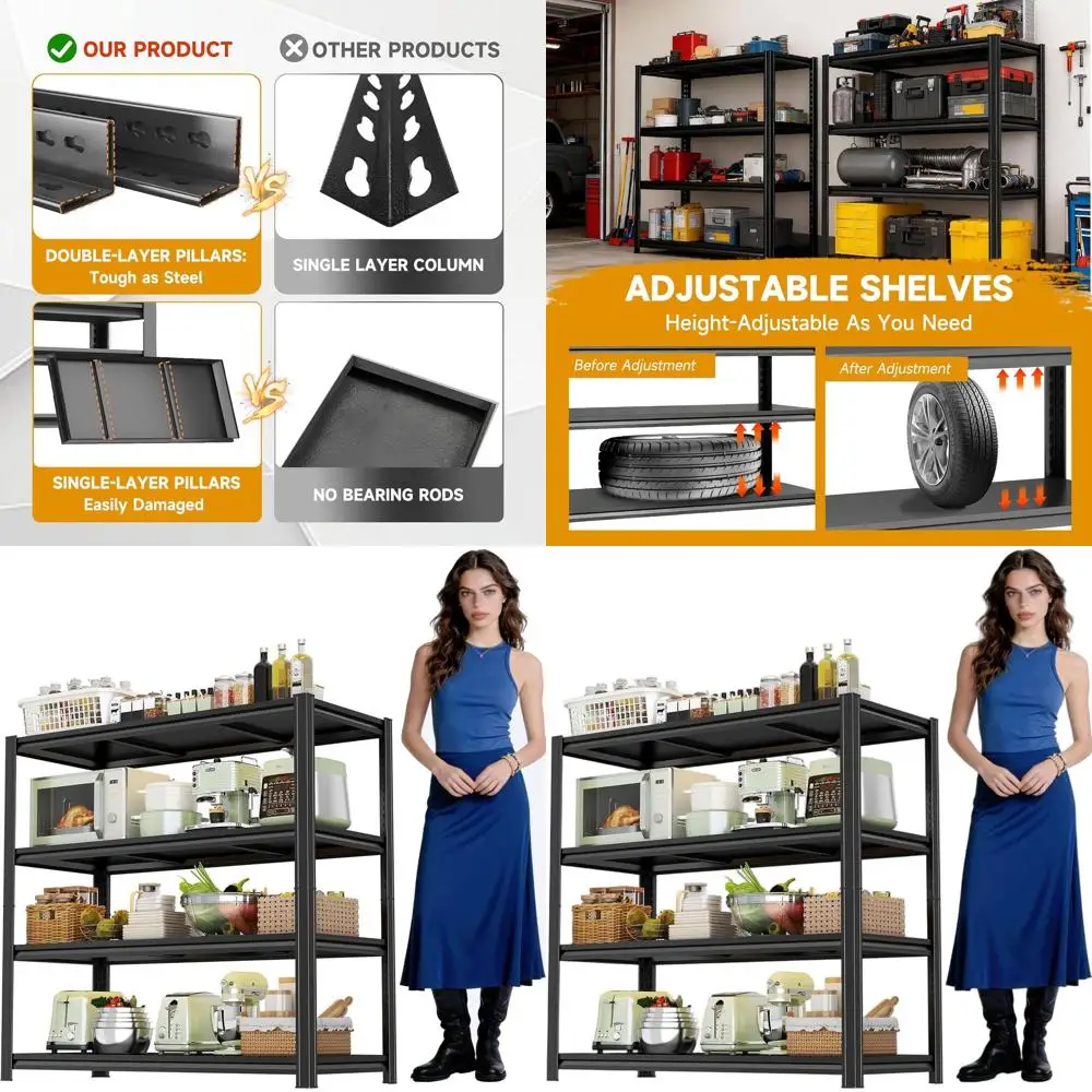 4-Tier Heavy-Duty Adjustable Metal Garage Shelving, 1800 lbs Capacity, 55x40x17 Inches for Garage, Warehouse, Basement, Kitchen
4-Tier Heavy-Duty Adjustable Metal Garage Shelving, 1800 lbs Capacity, 55x40x17 Inches for Garage, Warehouse, Basement, Kitchen