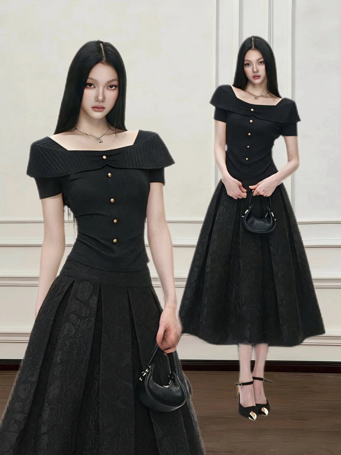 Elegant Short Sleeve Top And High Waist Long Skirt Set Slim Fit High Quality Embroidery Dark Pattern with Lotus Leaf
Elegant Short Sleeve Top And High Waist Long Skirt Set Slim Fit High Quality Embroidery Dark Pattern with Lotus Leaf