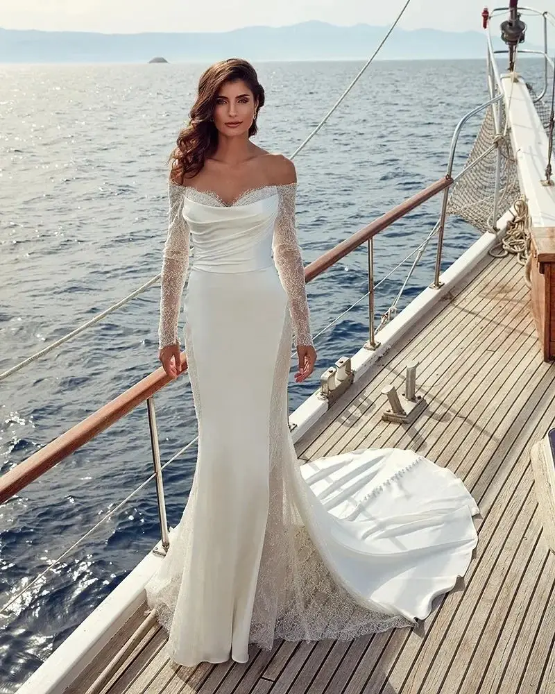 Elegant White Satin Wedding Dresses Off Shoulder Lace Sequins Bridal Gowns Long Sleeve Sweep Train Customized Vestidos De Mariee
Elegant White Satin Wedding Dresses Off Shoulder Lace Sequins Bridal Gowns Long Sleeve Sweep Train Customized Vestidos De Mariee