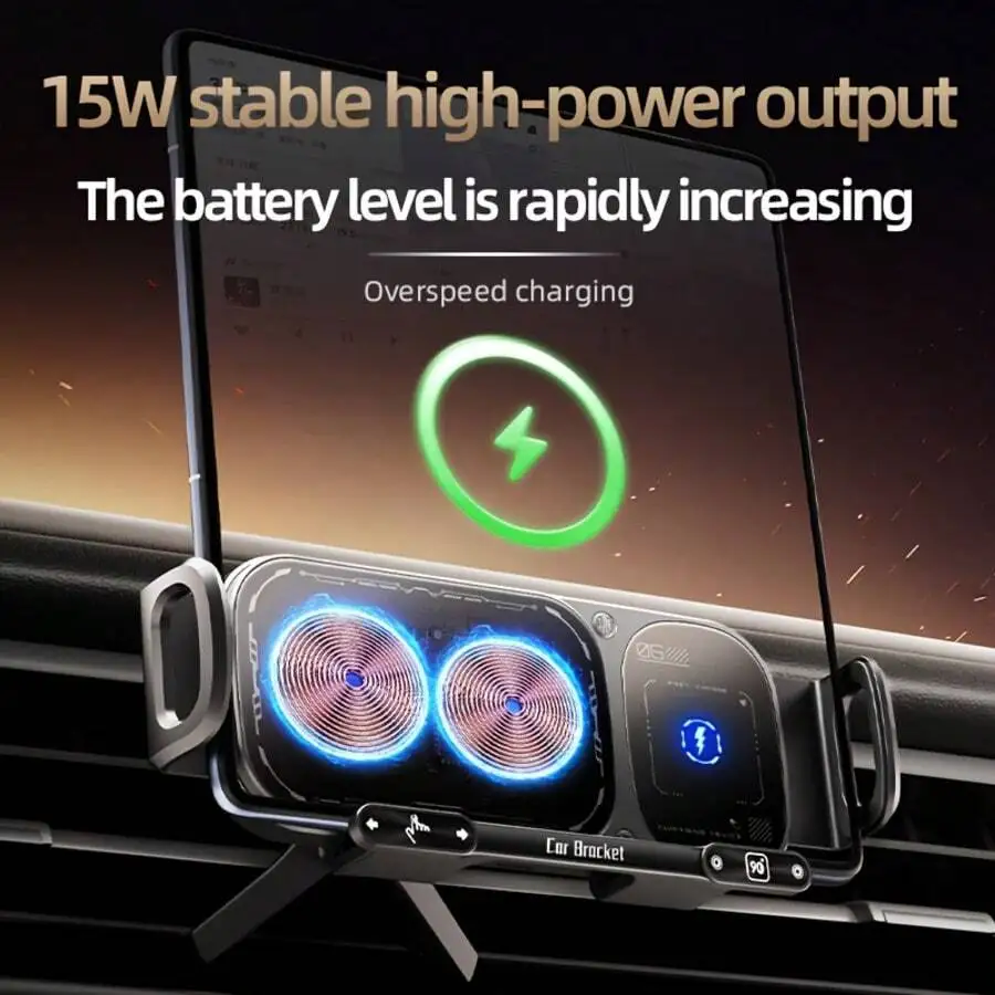 15W High-Power Wireless Car Charger With Auto Clamp, Dual Cooling Fans, Foldable Display, USB Port & Dashboard Mount
15W High-Power Wireless Car Charger With Auto Clamp, Dual Cooling Fans, Foldable Display, USB Port & Dashboard Mount