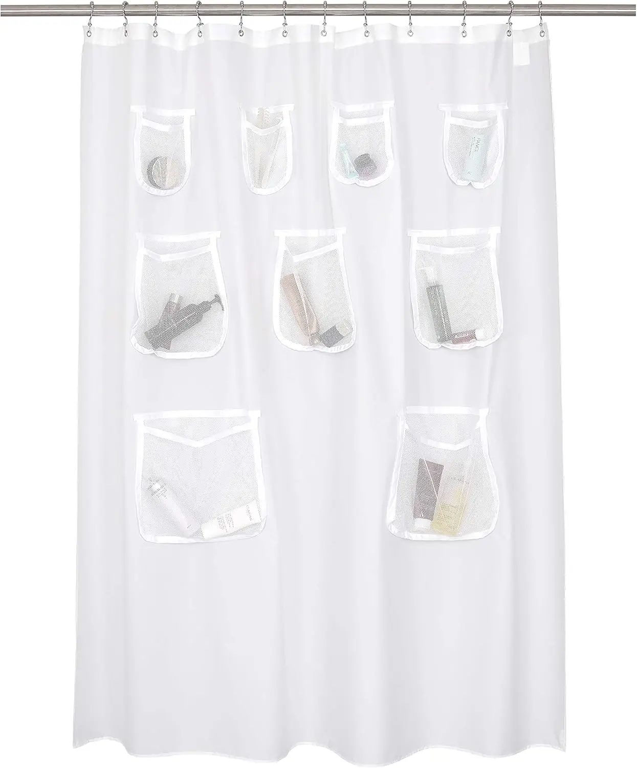 Water Repellent Fabric Shower Curtain with 9 Mesh Pockets - White, 71x72 Inches
Water Repellent Fabric Shower Curtain with 9 Mesh Pockets - White, 71x72 Inches