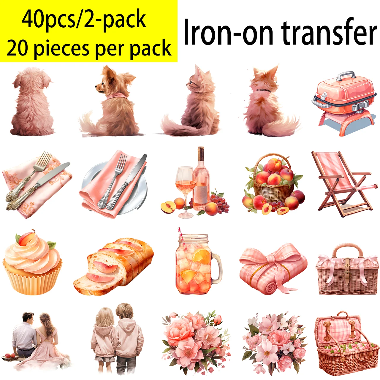 20 Pink Watercolor Picnic-Themed Heat Transfer Stickers for DIY Clothing Heat Pressing
20 Pink Watercolor Picnic-Themed Heat Transfer Stickers for DIY Clothing Heat Pressing