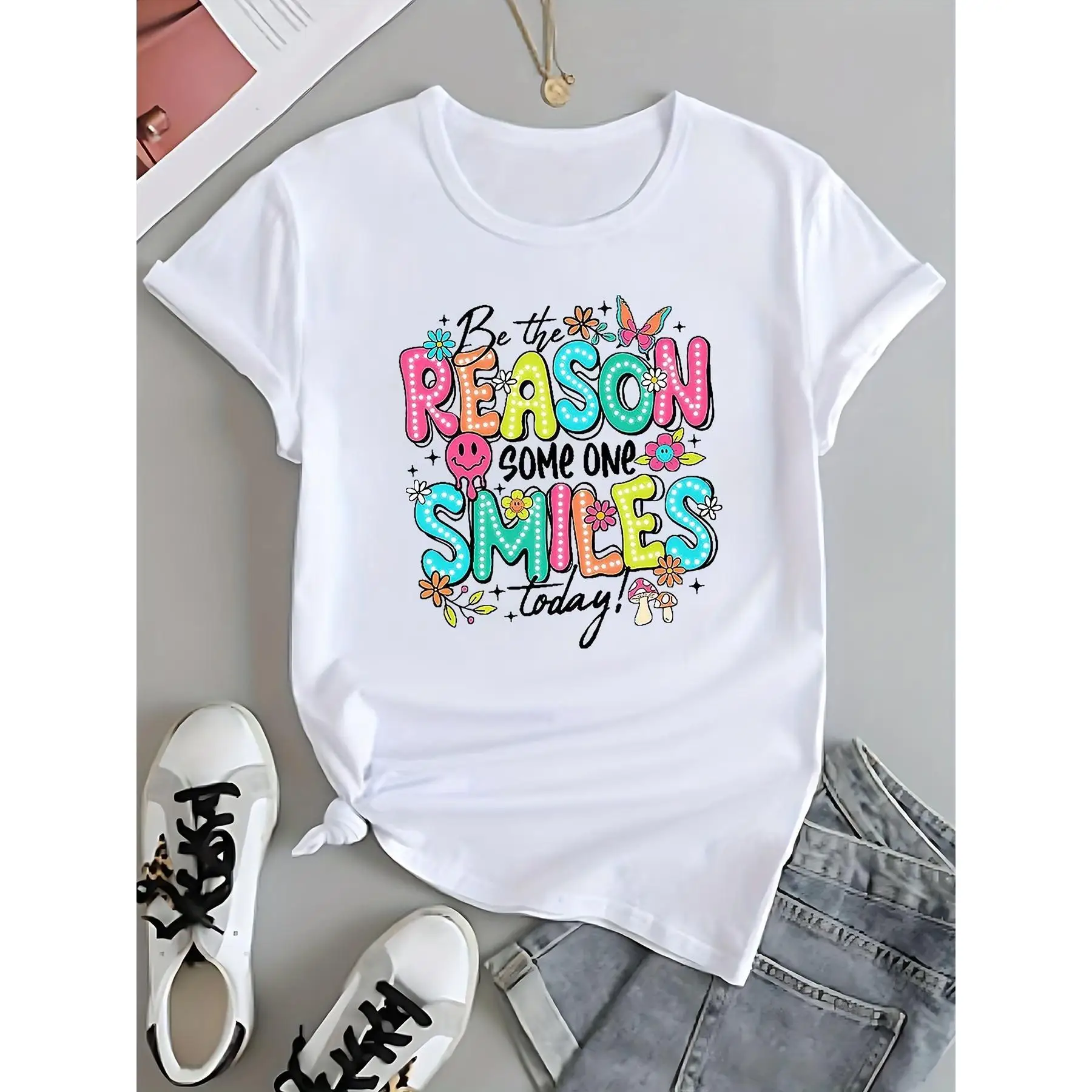 Women's Inspirational T-Shirt - "Be the Reason Someone Smiles Today" Colorful Print, Short Sleeve, Round Neck, Casual Fashion
Women's Inspirational T-Shirt - "Be the Reason Someone Smiles Today" Colorful Print, Short Sleeve, Round Neck, Casual Fashion