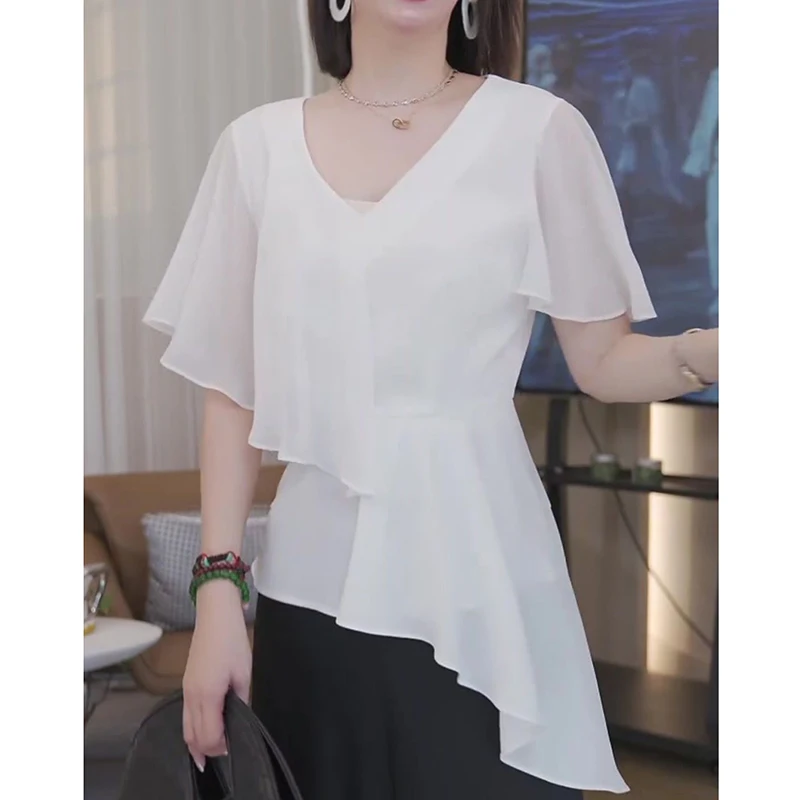 Elegant V-Neck Spliced Solid Color Irregular Chiffon Blouse Women's Clothing Summer New Casual Pullovers Office Lady Shirt
Elegant V-Neck Spliced Solid Color Irregular Chiffon Blouse Women's Clothing Summer New Casual Pullovers Office Lady Shirt