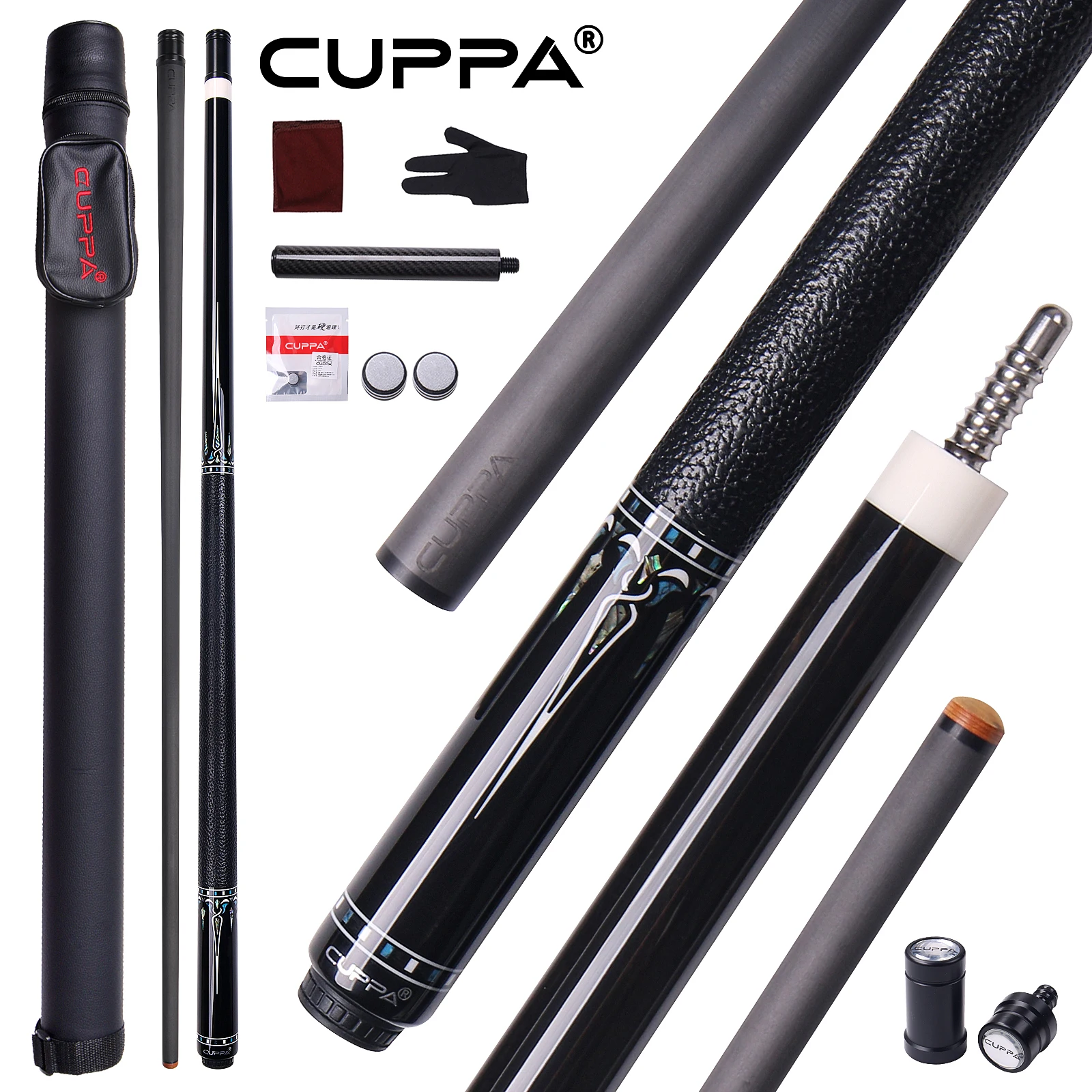 CUPPA Premium Carbon Fiber Cue Stick Set with Radial Joint Low Deflection Shaft Leather Grip 12.5mm Tip for Billiard Tournament
CUPPA Premium Carbon Fiber Cue Stick Set with Radial Joint Low Deflection Shaft Leather Grip 12.5mm Tip for Billiard Tournament