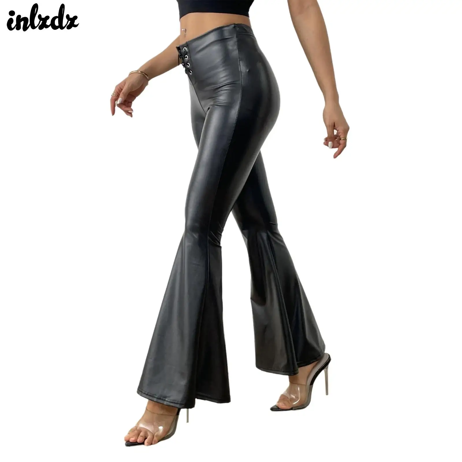Женские брюки-клеш из искусственной кожи и латекса, клубная одежда, модные брюки с завязками спереди, эластичным поясом, винтажный костюм
Женские брюки-клеш из искусственной кожи и латекса, клубная одежда, модные брюки с завязками спереди, эластичным поясом, винтажный костюм