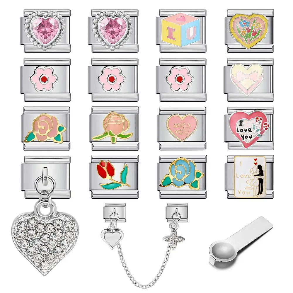 Sweet Floral Love Theme Italian Charm Bracelet Bundle 9mm DIY Links with I Miss You Rose Charms Safety Chain Set for Lover Gifts
Sweet Floral Love Theme Italian Charm Bracelet Bundle 9mm DIY Links with I Miss You Rose Charms Safety Chain Set for Lover Gifts