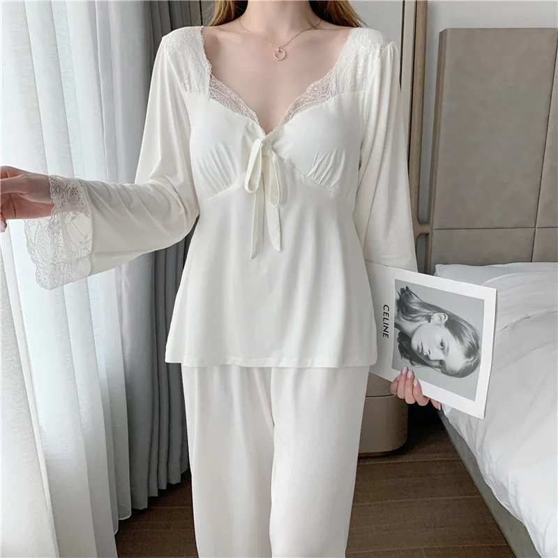 New Summer Sleepwear Women White Modal 2Pcs Pajamas Sexy Lace Court Style Shirt&pants Pour Femme Loungewear Long Home Clothes
New Summer Sleepwear Women White Modal 2Pcs Pajamas Sexy Lace Court Style Shirt&pants Pour Femme Loungewear Long Home Clothes