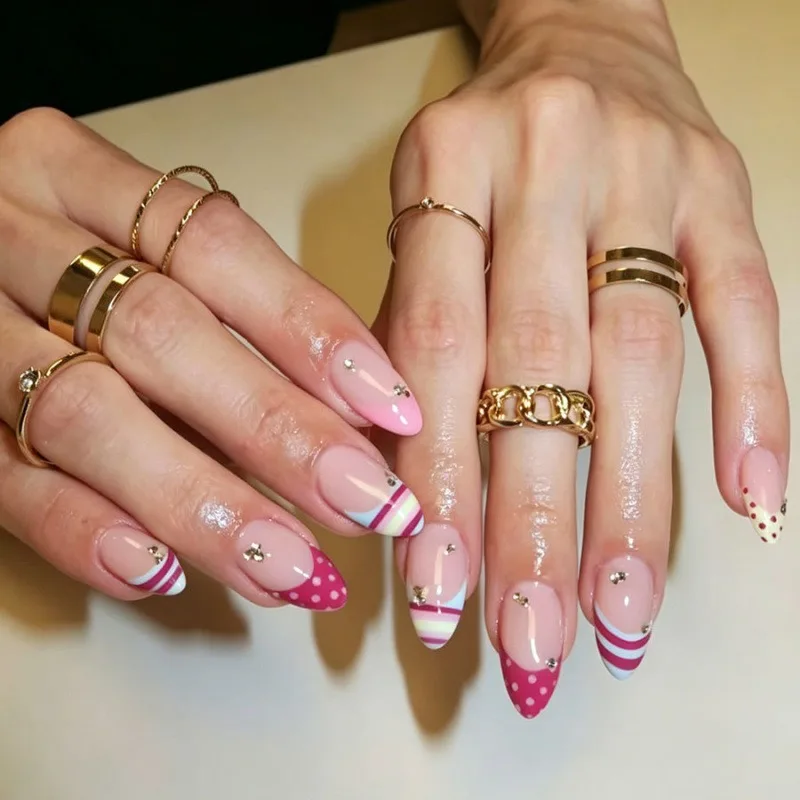 24PCS Y2k Pink Polka Dots Almond False Nails Colorful Stripes French with Diamonds Press on Nails Full Cover Simple Design Nails
24PCS Y2k Pink Polka Dots Almond False Nails Colorful Stripes French with Diamonds Press on Nails Full Cover Simple Design Nails